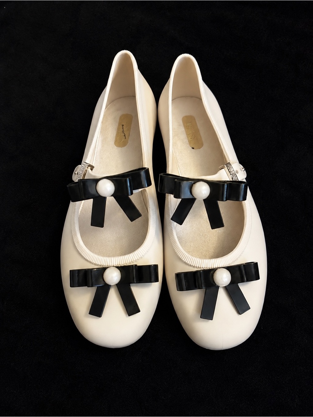 Melissa Cream Mary Jane Ballerina Flats with Black Bows and Pearls RARE